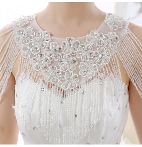 White silver beaded flowers lace women's ladies wedding evening  party bridal layers tassels jewelry cape necklace accessories